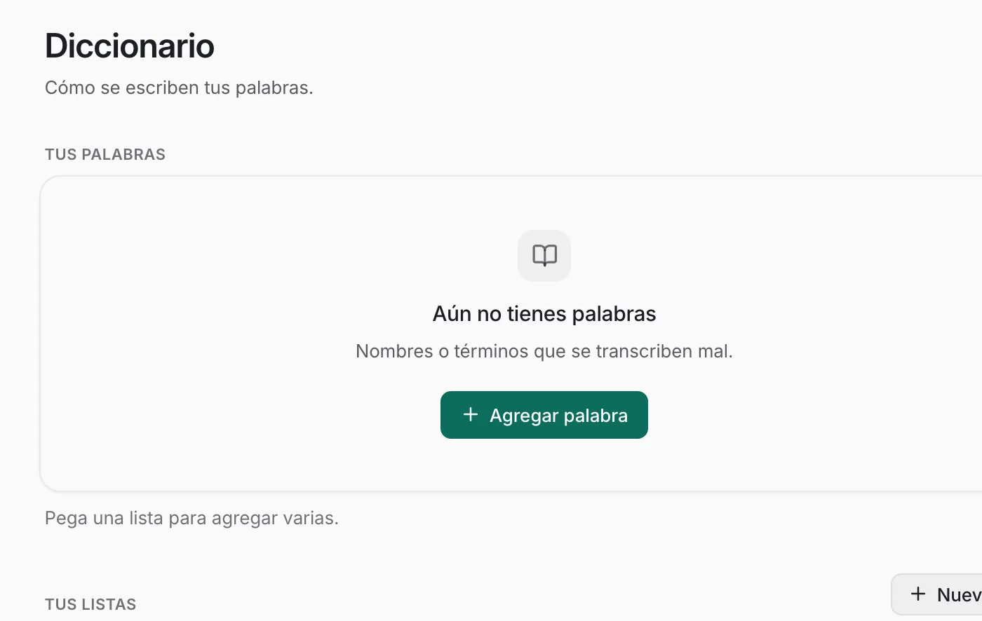 Diccionario de Doctoc Voz, donde agregas tus propias palabras.